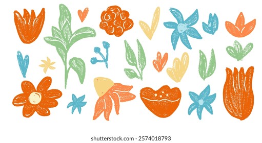 Flowers bud set. Spring tulip, daisy, chamomile and marguerite head plants doodle. Summer floral kids elements. Chalk or pastel style childish shape. Vector naive pencil illustration isolated on white