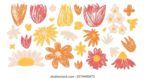 Flowers bud set. Spring tulip, daisy, chamomile and marguerite head plants doodle. Summer floral kids elements. Chalk or pastel style childish shape. Vector naive pencil illustration isolated on white