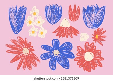 Flowers bud set. Spring tulip, daisy, chamomile and marguerite head plants doodle. Summer floral kids elements. Pastel style childish shape. Vector naive illustration isolated on lilac background.