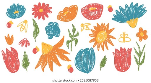 Flowers bud set. Spring tulip, daisy, chamomile and marguerite head plants doodle. Summer floral kids elements. Chalk style childish shape. Vector pencil illustration isolated on white background.