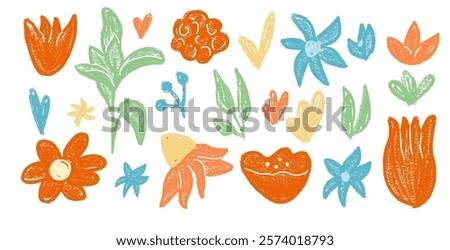 Flowers bud set. Spring tulip, daisy, chamomile and marguerite head plants doodle. Summer floral kids elements. Chalk or pastel style childish shape. Vector naive pencil illustration isolated on white