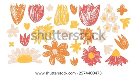 Flowers bud set. Spring tulip, daisy, chamomile and marguerite head plants doodle. Summer floral kids elements. Chalk or pastel style childish shape. Vector naive pencil illustration isolated on white
