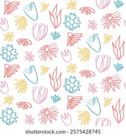 Flowers buds crayon drawn seamless pattern. Colorful floral allover background. Line art stroke botany repeat cover. Surface pattern design spring motif. Vector hand drawn illustration.