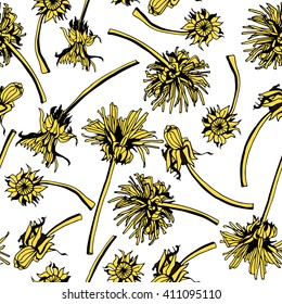 Flowers and buds. Elegant yellow dandelions on the white background. Vector seamless pattern.