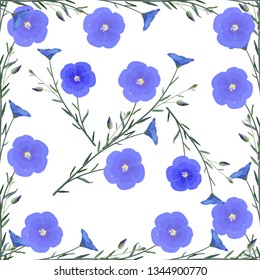 The flowers and buds of flax from the stem and leaves in the form of a square pattern on a white background, seamless pattern, vector