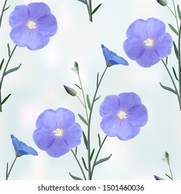 The flowers and buds of flax from the stem and leaves on sky blue abstract background, seamless pattern, vector