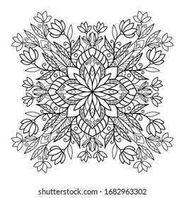 Flowers buds and leaves with small decor. Natural mandala on white isolated background. For coloring book pages.