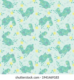 Flowers and bunnies seamless pattern, vector background