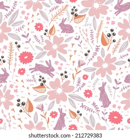 Flowers and bunnies seamless pattern, vector background