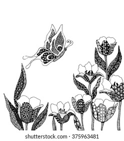 The Flowers With The Buterfly Hand Drawn Outline Of Style Isolated On The White Background