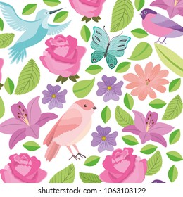 flowers with butterflies and birds pattern