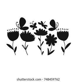 Flowers and butterflies, black silhouette for your design