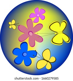 Flores y mariposas en círculo.Establece los elementos para el diseño.Vector.Para su experiencia empresarial.

