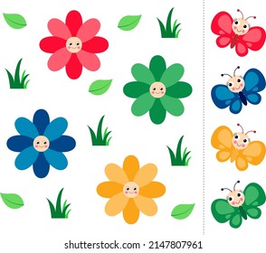 Flores y mariposas juego de color para niños.
