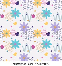 Flowers and butterflies, colored
seamless pattern. Striking print with stripe style.