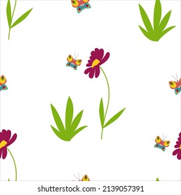 Flowers and butterflies, daisies spring nature seamless pattern. Gerberas. Vector illustration.