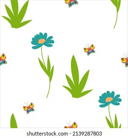Flowers and butterflies, daisies spring nature seamless pattern. Gerberas. Vector illustration.