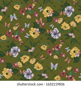 Flowers with butterflies design seamless pattern 