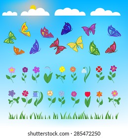 Flowers and butterflies flat design on blue background. Sun and clouds. Set of flat design beauty and nature icons for websites, print, promotional materials, web and mobile services, fashion. Vector