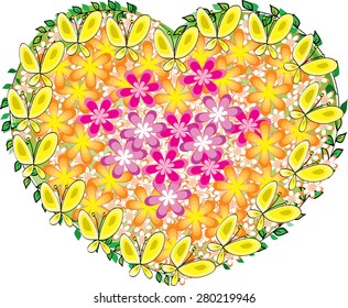 flowers and butterflies with heart shape design