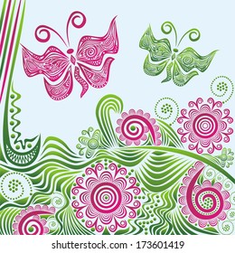Flowers and butterflies nature summer pattern background vector illustration
