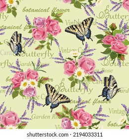 Flowers and butterflies on a background with texts.Vector pattern with butterflies and bouquets of flowers on a colored background with texts.