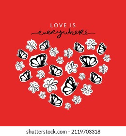 Flowers and butterflies on red as heart shape. Vector illustration design for kids fashion graphics, t shirt prints etc.