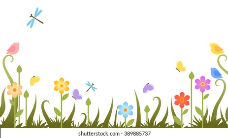flowers with butterflies on transparent background. Vector illustration. Summer floral banner with green grass, flowers and butterflies
