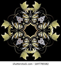 Patrón de flores y mariposas. Fondo del vector ornamental. Comedor floral vintage. Mariposas de oro, flores, hojas, marco. Diseño decorativo geométrico abstracto ornamental. Para tarjetas, impresiones, decoración.