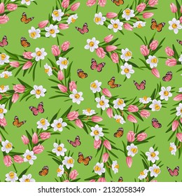 Patrón de flores y mariposas. Flores de primavera, tulipanes y daffodils. Gráficos vectoriales.
