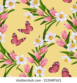 Flowers and butterflies pattern. Spring flowers, tulips and daffodils. Vector graphics.