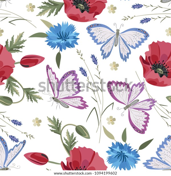 Flowers Butterflies Pattern Summer Flowers Seamless Stock