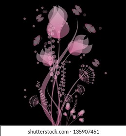 flowers and butterflies of pink color on a black background