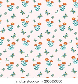 Flowers and butterflies seamless pattern. Vector print in flat style.