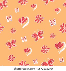 Flowers and butterflies seamless vector pattern in red and yellow. Girly surface print design. Great for summertime fabrics, cards, scrapbook paper, gift wrap and packaging.