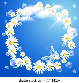 Flowers and  butterflies  in the sky