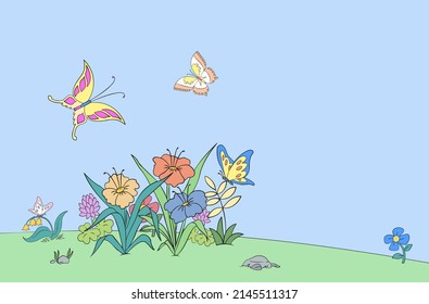 flowers and butterflies in the spring on a clearing, coloring, cartoon