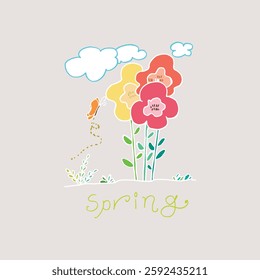 Flowers and butterflies in spring under clouds