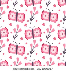 Flowers, butterflies, stars, Valentine's Day, Scandinavian style, perfect for fabric, wrapping paper, textiles, baby bedding, wallpaper, pajamas.