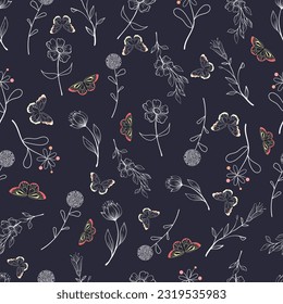 Flowers, Butterflies, Summer, Seamless pattern, Vector, Dark background