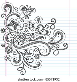 Flowers, Butterflies, and Swirls Sketchy Back to School Style Notebook Doodles Vector Illustration Design Elements on Lined Sketchbook Paper Background