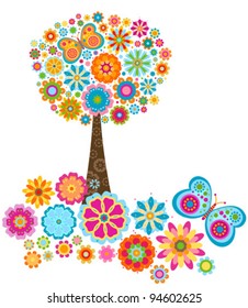 flowers and butterflies tree background