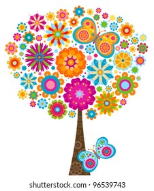 flowers and butterflies tree background