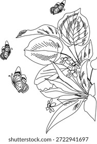 Flores y mariposas. Dibujo de Vector. Se puede usar para una postal, un Sitio web o un libro para colorear.