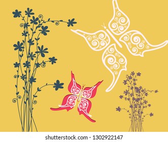Flowers with Butterflies Vector Paper Cut Flat Design Background