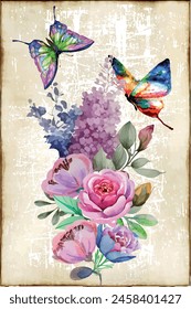 flowers and butterflies watercolor on a grunge background