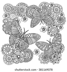 Flowers and butterflies. Zentangle style. Black and white. Vector illustration. The best for coloring book