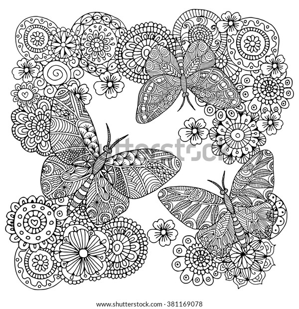 花と蝶 Zentangleスタイル 白黒 ベクターイラスト 塗り絵本に最適 のベクター画像素材 ロイヤリティフリー