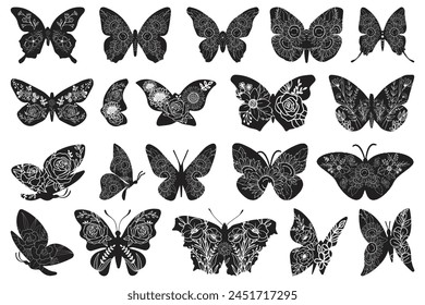 Flowers and butterfly design Bundle.. Floral butterfly silhouette set Bundle. Vector monochrome illustration isolated on a white background. Various moths with flower wings Bundle. svg