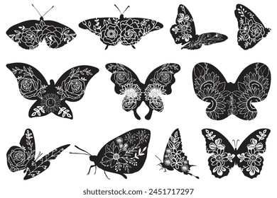 Flowers and butterfly design Bundle.. Floral butterfly silhouette set Bundle. Vector monochrome illustration isolated on a white background. Various moths with flower wings Bundle. svg